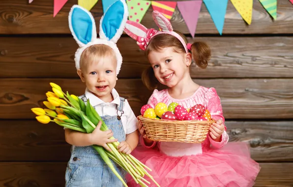 Картинка цветы, дети, праздник, яйца, тюльпаны, зайки