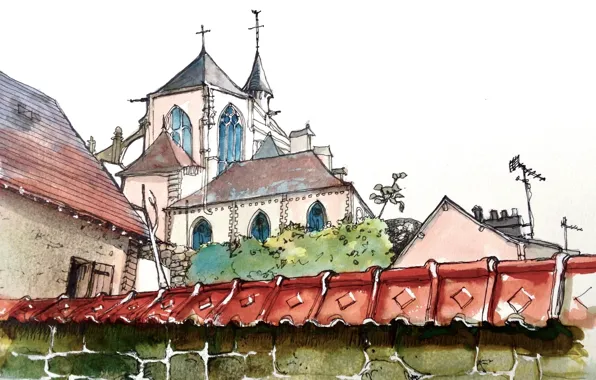 Картинка город, стена, рисунок, Франция, акварель, собор, Пон-де-л’Арш