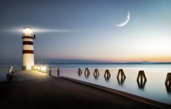 Картинка light, moon, twilight, sky, sea, landscape, sunset, water, evening, pier, Lighthouse, sky clear