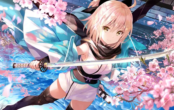 Картинка девушка, цветы, меч, аниме, fate/grand order