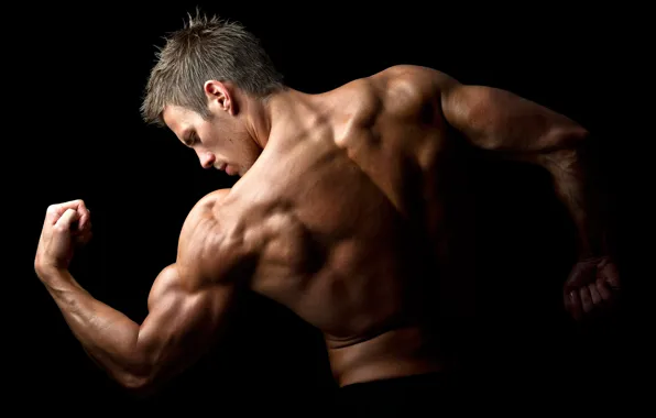 Картинка поза, спина, прическа, muscle, мышцы, бодибилдинг, фон black, back, бодибилдер, biceps, bodybuilder