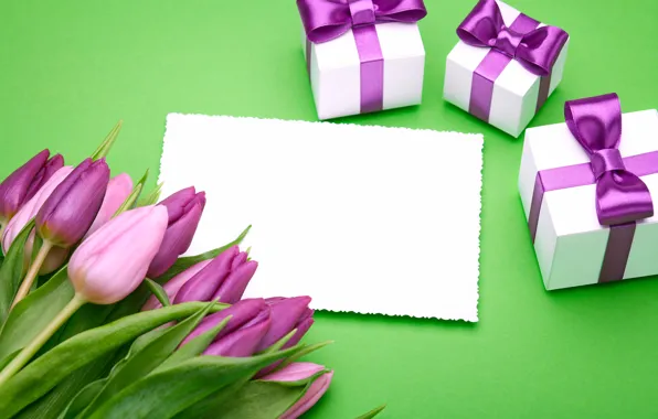 Картинка букет, тюльпаны, love, розовые, бант, fresh, pink, flowers, romantic, tulips, gift, purple