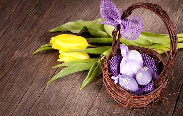 Картинка Пасха, тюльпаны, корзинка, wood, tulips, spring, Easter, eggs, decoration, Happy