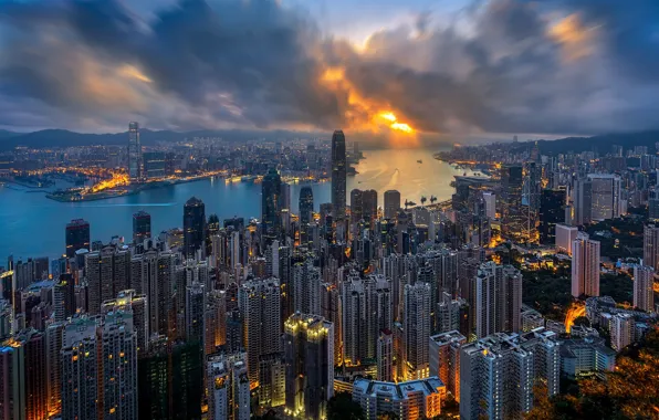 Картинка City, Clouds, Sky, Sunset, Hong Kong, Sea