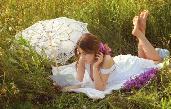 Картинка поле, лето, трава, девушка, цветы, природа, зонт, шатенка, сарафан, Vladislav Opletaev
