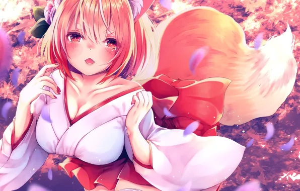 Картинка fox, anime, tail, japanese, kimono, oppai, bishojo, foxgirl