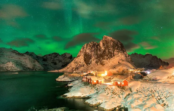 Картинка звезды, ночь, северное сияние, Норвегия, поселение, Лофотенские острова