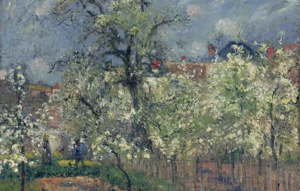 Картинка пейзаж, картина, весна, Камиль Писсарро, Сад в Мобюиссоне. Понтуаз. Груши в цвету
