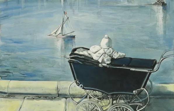 Картинка Париж, коляска, кораблик, ребёнок, 1954, Tsuguharu Foujita, Пруд в Люксембургском саду