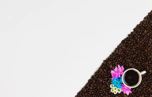 Картинка цветы, кофе, зерна, love, pink, flowers, cup, romantic, beans, coffee