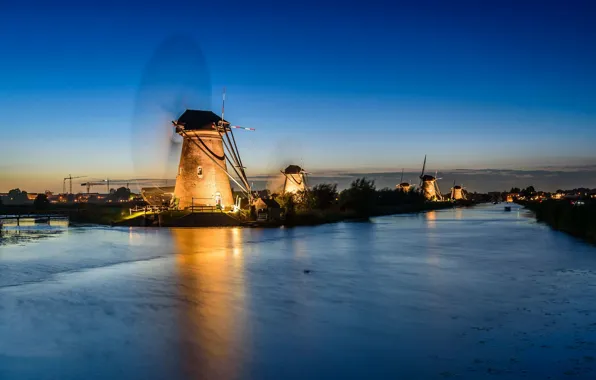 Картинка ночь, огни, канал, Нидерланды, ветряная мельница, Киндердейк