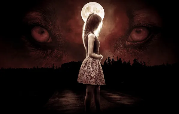 Картинка girl, moon, forest, dress, eyes, night, wolf, darkness, lycanthrope, werewolf, Lone Wolf, by eversontomiello