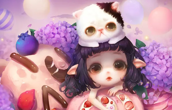 Картинка цветы, аниме, арт, девочка, котёнок, вкусняшки, milkyu dong, Lolita cake and cat