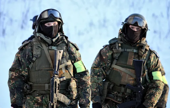 Картинка gun, Russia, soldier, weapon, snow, rifle, mask, uniform, seifuku, bulletproof vest, balaclava