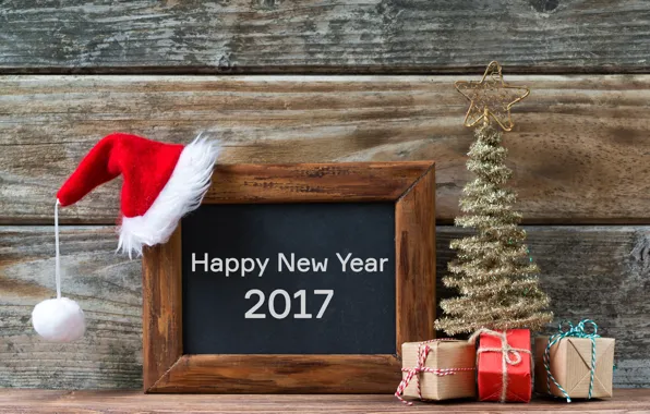 Картинка доски, подарки, ёлка, new year, happy, колпак, merry christmas, decoration, 2017