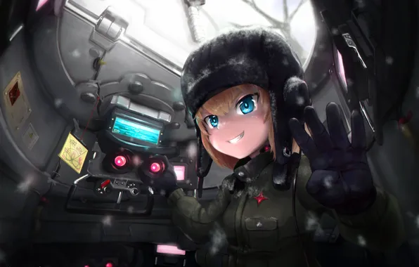 Картинка girl, weapon, anime, pretty, tank, red star, japanese, gloves, bishojo, Girls und Panzer
