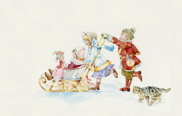Картинка зима, дети, настроение, игра, арт, санки, иллюстрация, детская, Наташа Табатчикова