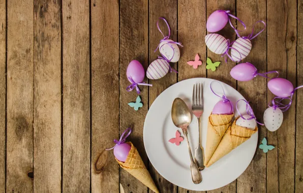 Картинка яйца, весна, тарелка, Пасха, рожок, wood, spring, Easter, eggs, decoration, Happy, вафельный