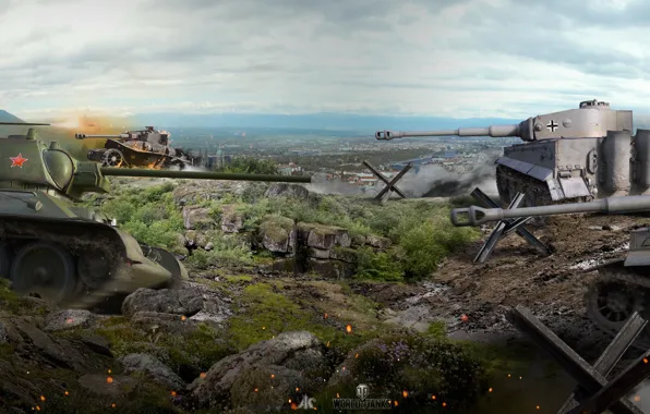 Картинка бой, панорама, сражение, танки, Т-34, World of Tanks, немецкие, советские, Tiger I, WOT