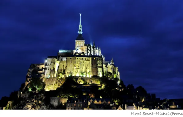 Картинка ночь, замок, подсветка, France, Mont-Saint-Michel