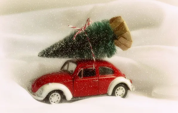 Картинка снег, Рождество, Новый год, машинка, ёлочка, моделька, Volkswagen Beetle