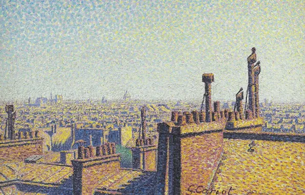 Картинка картина, городской пейзаж, Gustave Cariot, пуантилизм, Гюстав Карио, Крыши Парижа. После Полудня