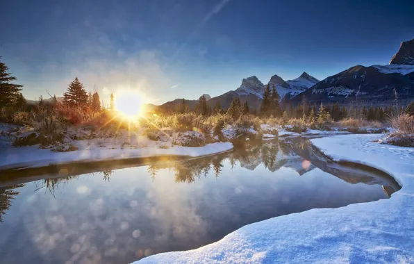Картинка river, winter, mountains, snow, morning, sunrise, dawn