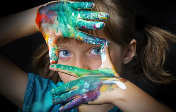 Картинка eyes, hand, little girl, fingers, Painting