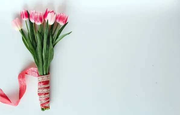 Картинка цветы, букет, лента, тюльпаны, розовые, pink, romantic, tulips, spring