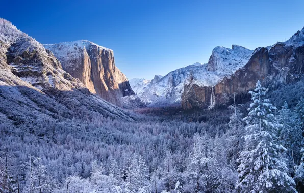 Картинка зима, лес, горы, долина, Калифорния, California, Yosemite Valley, Национальный парк Йосемити, Yosemite National Park, Сьерра-Невада, …