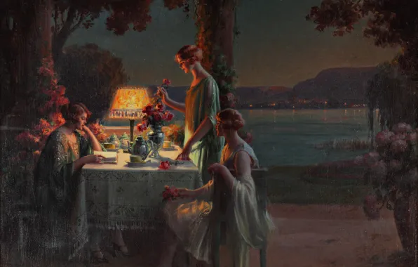 Картинка цветы, вечер, чаепитие, Академизм, Дельфин Анжольра, Молодые женщины, на берегу озера