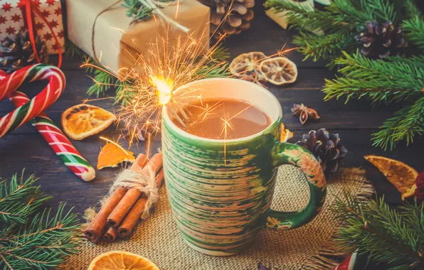 Картинка новый год, кофе, ель, напиток, шишки, карамель, мандаринки