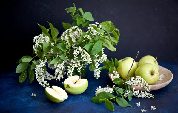 Картинка ветки, тарелка, Spring, черёмуха, зелёные яблоки