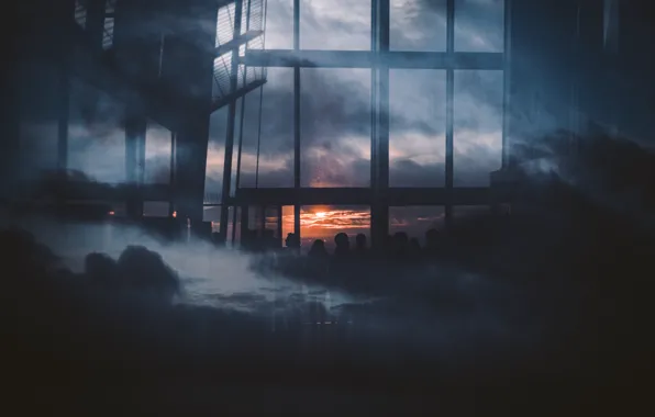 Картинка облака, отражения, закат, люди, окна, силуэты