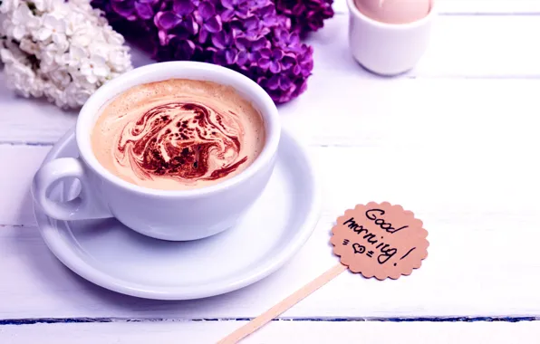 Картинка цветы, кофе, утро, чашка, flowers, cup, Good Morning, coffee, lilac