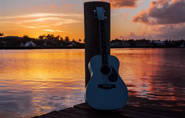 Картинка закат, озеро, гитара