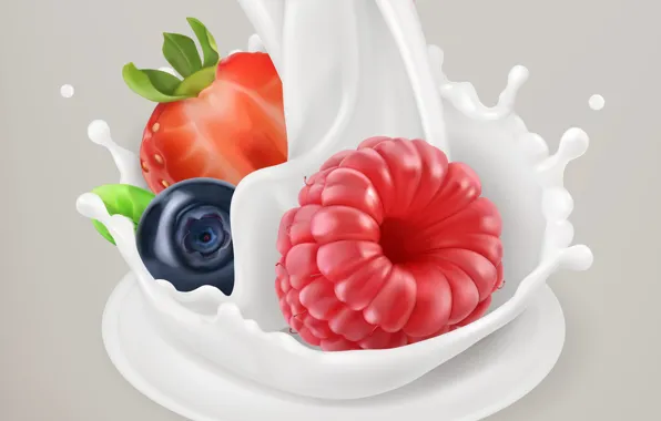 Картинка ягоды, малина, фон, молоко, черника