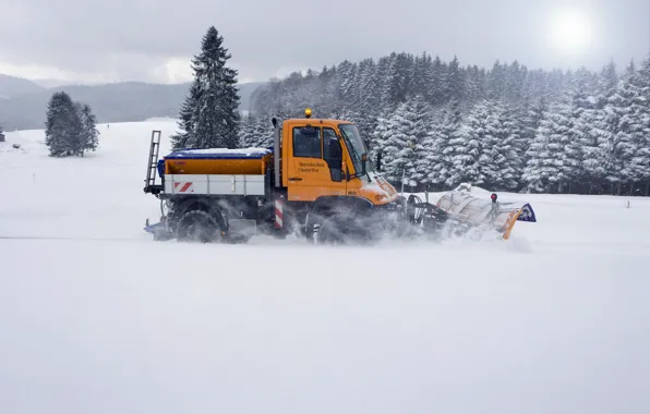 Картинка снег, деревья, Mercedes-Benz, спецтехника, Unimog, U400