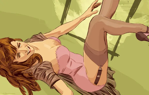 Картинка улыбка, декольте, корсет, халатик, рыжая девушка, pin-up, вверх ногами, чулки на подвязках, by Mitche Breitweiser
