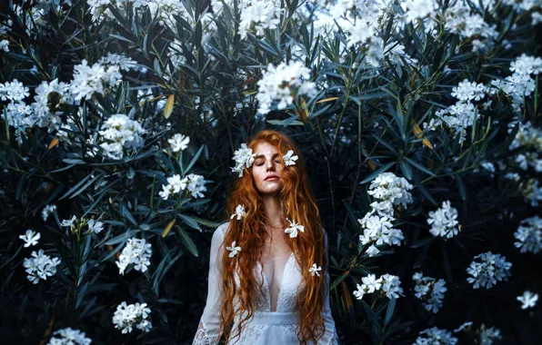 Картинка девушка, цветы, декольте, прелесть, рыжеволосая, Ronny Garcia, Light my soul in the white night