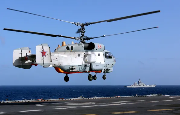 Картинка с палубы, крейсера, взлетает, Адмирал Кузнецов, авианесущего, тяжелого, Вертолет Ка-27