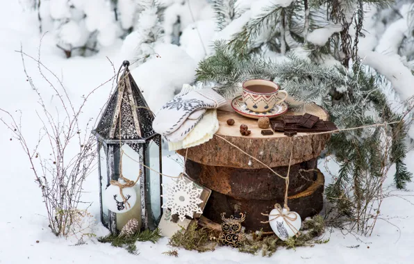 Картинка зима, снег, украшения, чай, игрушки, елка, шоколад, Новый Год, Рождество, чашка, happy, Christmas, vintage, winter, …