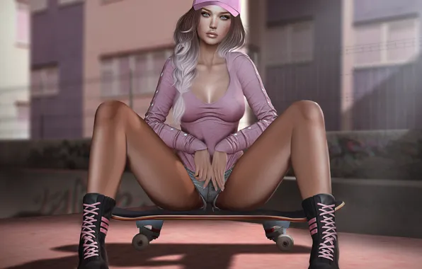 Картинка девушка, лицо, стиль, кепка, ножки, сидит, скейт