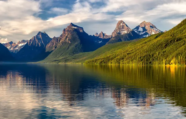 Картинка лес, небо, облака, деревья, горы, озеро, скалы, США, Glacier National Park, Lake McDonald