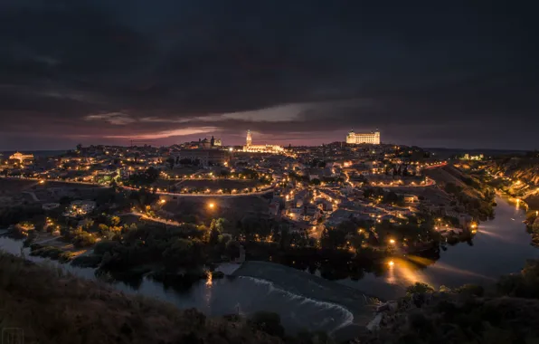 Картинка ночь, город, огни, панорама, Испания, Толедо