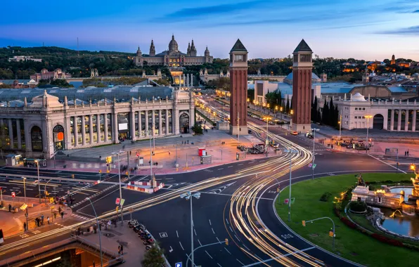 Картинка дорога, башни, архитектура, Испания, Барселона