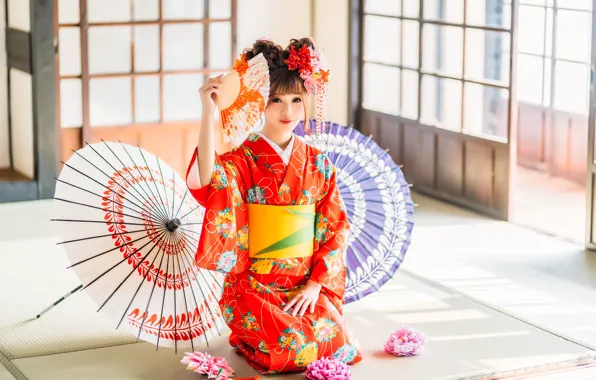 Картинка стиль, зонтики, кимоно, азиатка