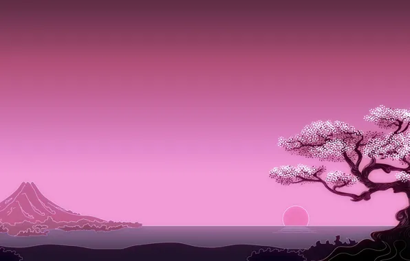 Картинка Japan, sea, minimalism, art, mountain, tree, sun, digital art, artwork, simple background, oriental art