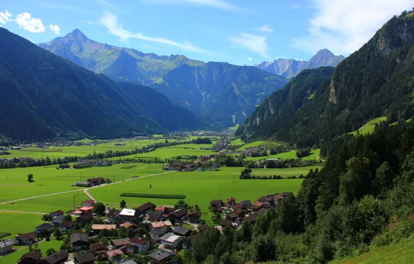 Картинка небо, деревья, горы, поля, дома, Австрия, долина, Schwendau Village