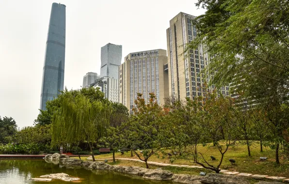 Картинка деревья, пруд, парк, камни, здания, дома, небоскребы, Китай, Guangzhou